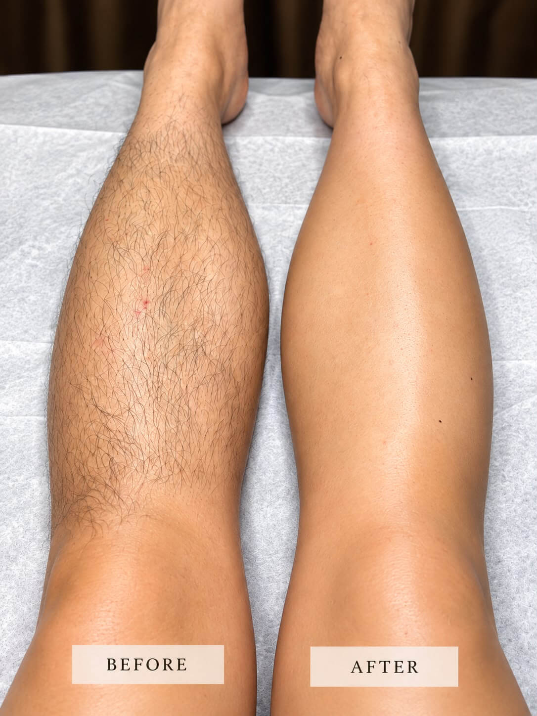 before and after image of leg hair removed by cane sugaring